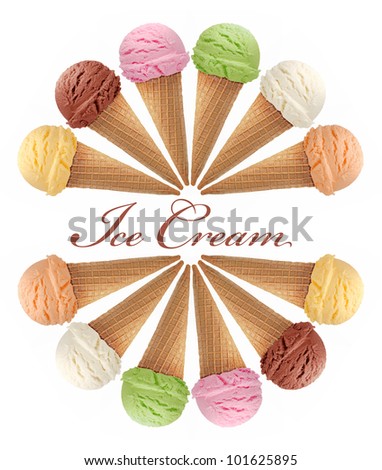 mixed ice cream cones on white background