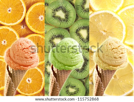 Orange, kiwi fruit and lemon ice cream on fruit slices