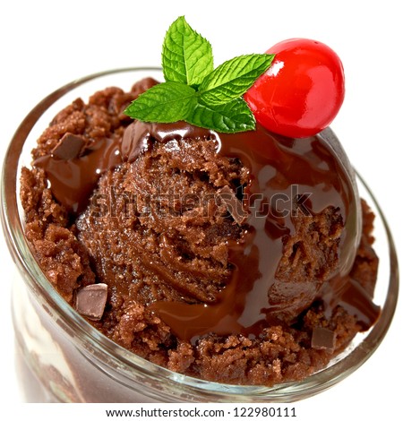 Chocolate ice cream with sauce, maraschino cherry and mint in cup