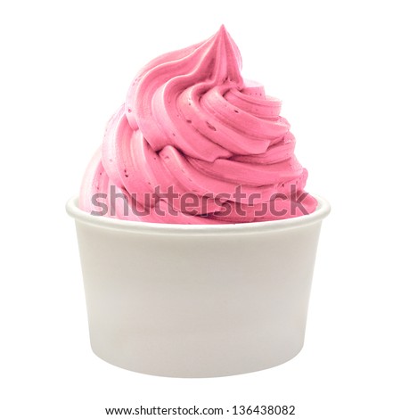 Blank paper cup with soft strawberry ice cream on white background Blank paper cup with soft strawberry ice cream on white background