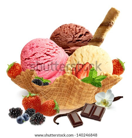 Strawberry, Vanilla And Cocoa Ice Cream On White Back Ground With Fresh Fruits.