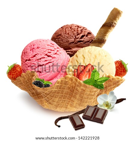 Strawberry, vanilla and cocoa ice cream on white back ground with fresh fruits.