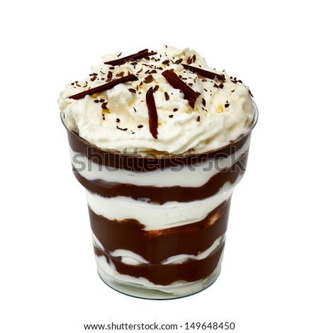 Fudge sundae chocolate and vanilla  in plastic cup on white background