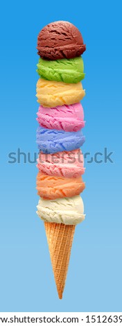 Eight different flavor ice cream with cone on blue background