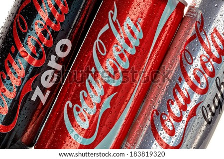 TURKEY - March 25, 2014: 250ml Coca-Cola Cans on White Background. Coca-Cola is one of the worlds favorite beverages.