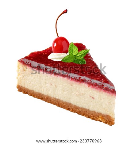 Raspberry cheesecake with maraschino cherry on white background