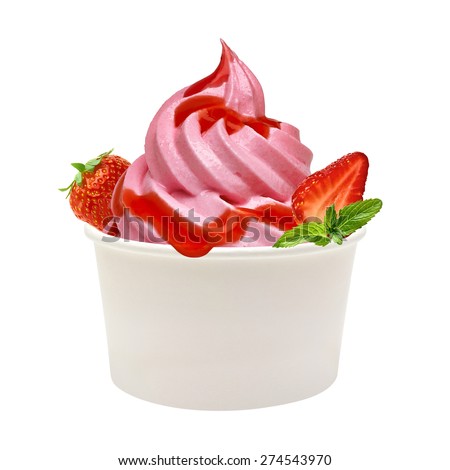 Strawberry frozen yogurt with sauce in blank takeaway cup on white background