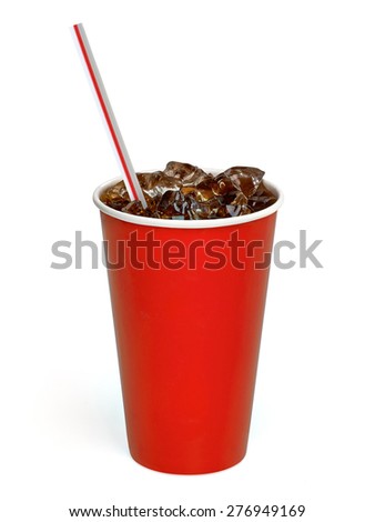 Iced cola with straw in paper cup on white background