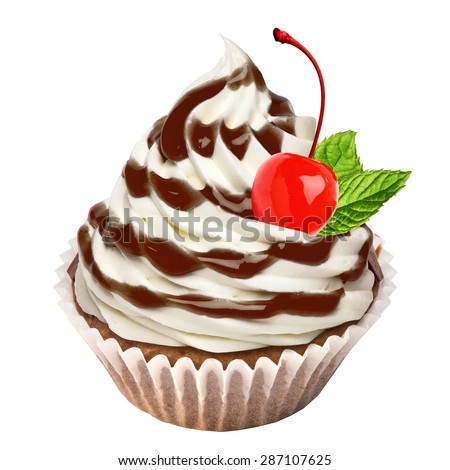 Cupcake with cherry icing and maraschino cherry topping on white background