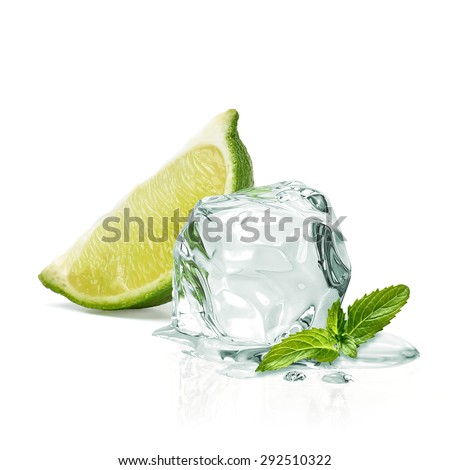 Slice of lime, ice and mint isolated on white background