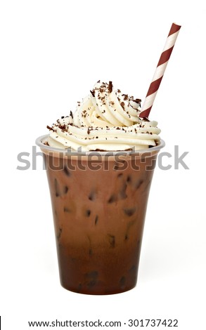 Iced coffee with sauced cream topping in to go cup with straw isolated on white background including clipping path