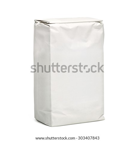 Blank paper bag package of flour isolated on white background including clipping path