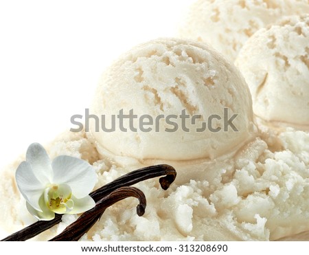 Vanilla ice cream scoops with vanilla beans or pods on white background