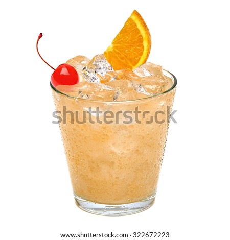 John Collins or Whiskey sour cocktail with maraschino cherry and orange slice isolated on white background