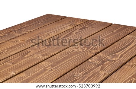 Perspective view of log table corner on white background including clipping path