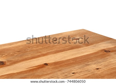 Perspective view of wood or wooden table top corner on white background including clipping path, template mock up for display products.