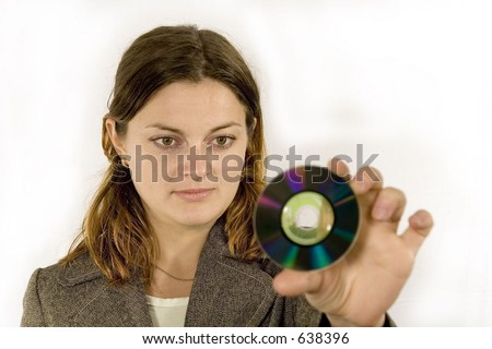 young woman holding a mini cd