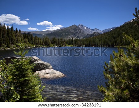 Beautiful High Mountain Lake with Trees and Clouds