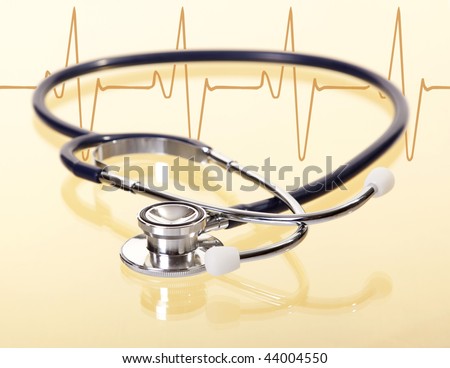 Silver Stethoscope on Gold Background with Reflection and Heartbeat Trace