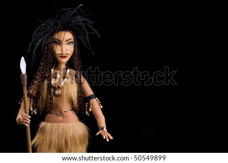 handmade tribal woman doll with spear upper body landscape postcard