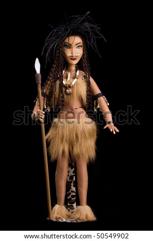 stock photo handmade tribal woman doll with spear full body portrait