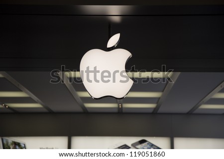 SHENZHEN, CHINA - NOV. 3: The Apple Macintosh symbol over the entrance of Apple store. Apple open its seventh Apple store in mainland China, located in SHENZHEN, November 3, 2012.
