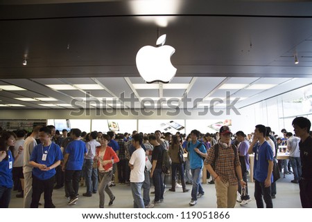 SHENZHEN, CHINA - NOV. 3: People inside and outside the Apple store. Apple open its seventh Apple store in mainland China, located in SHENZHEN, November 3, 2012.