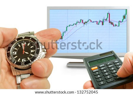 Collage with a graph on the screen, a calculator and a watch in his hand.