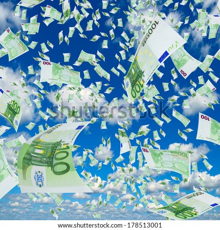 Deformed euro banknotes in flight on blue sky.