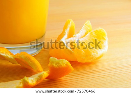 Segments orange, fresh juice and skin close-up.