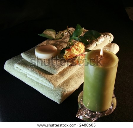 towels, soap, roses, candle
