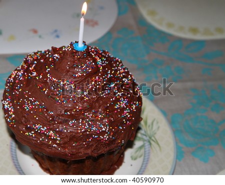 giant birthday cupcake with candle burning