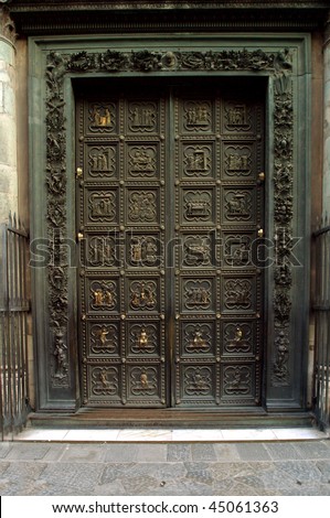The Battistero gilded bronze doors Florence Italy.