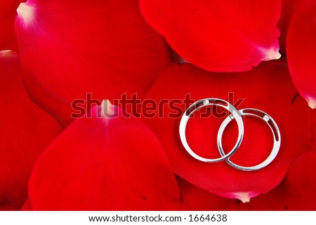 stock photo Wedding rings in red rose petals background with copyspace