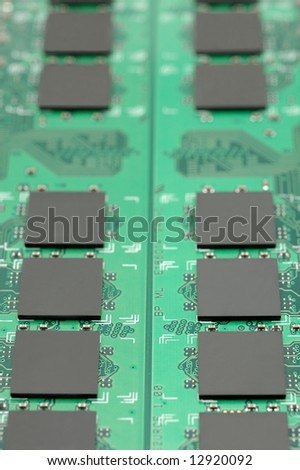 Close up of computer RAM chips in rows
