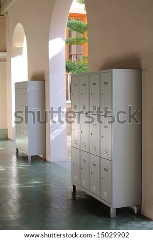 Lockers in a university hallway