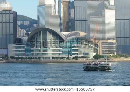 Hong Kong Convention and Exhibition Centre and ferry in habor