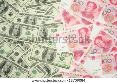 Background of US one  hundred dollar bills vs China one hundred yuan bills