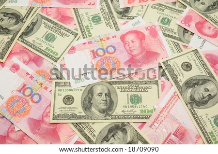 Background of US one  hundred dollar bills and China one hundred yuan bills