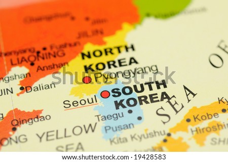 Closeup of North Korea and South Korea on map