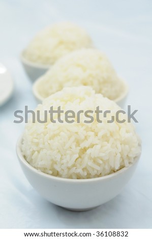 Bowls of cooked chinese rice with shallow DOF