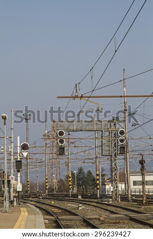 Rail transport - tracks, switches and signal masts on an Italian train station