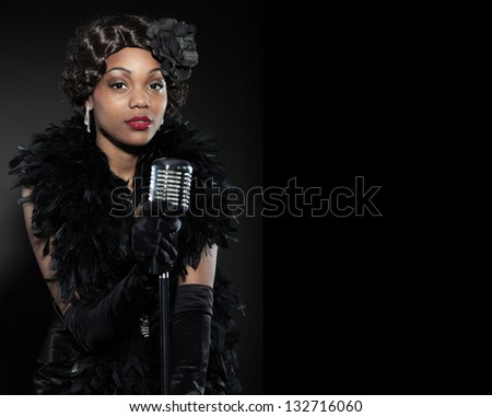 Vintage jazz woman singing. Black african american. Copy space.