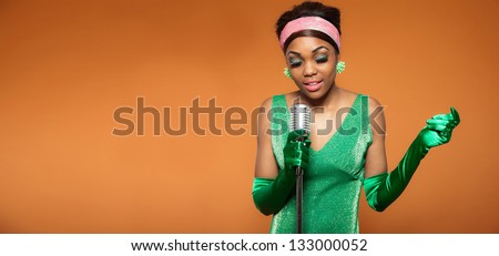 Vintage soul jazz woman singing. Black african american. Copy space.