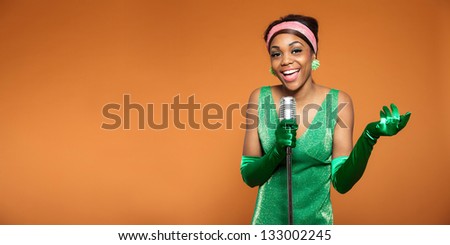 Vintage soul jazz woman singing. Black african american. Copy space.