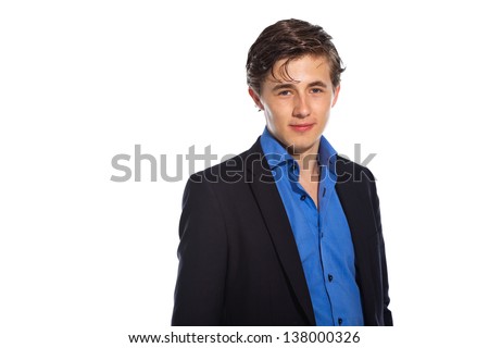 Young business man wearing blue shirt and jacket. Isolated on white.