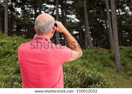 Senior man using binoculars outdoors. Watching scottish highlander cow. Wearing pink t-shirt.