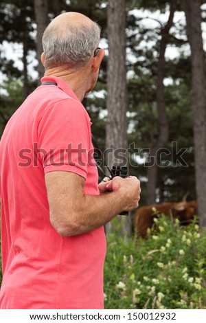 Senior man using binoculars outdoors. Watching scottish highlander cow. Wearing pink t-shirt.