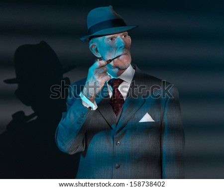 Retro detective man smoking pipe at night in office. Lit by light through venetian blinds.