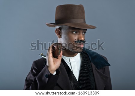 Retro Afro america western cowboy man with mustache. Ready to shoot. Wearing brown hat. Cool tough guy.